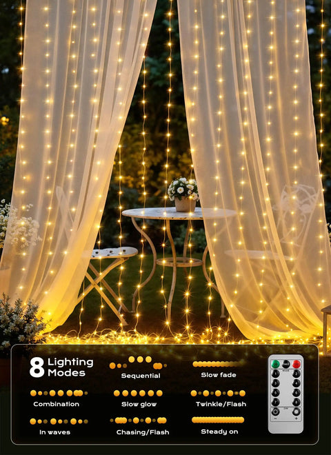Warm White 300 LED Curtain Lights With 10 Strands, 9.8Ft By 9.8Ft Fairy String Lights For Bedroom And Window Wall Decor, 8 Modes With Memory Function, Plug In Not Connectable, Great For Christmas Parties And Weddings glowing around a table.