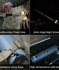 Four angles of Telescoping Camping Light With 12000mAh Battery, showing multifunction fixed hole and Dyneema hang rope features.