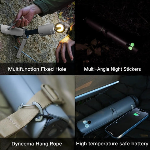 Four angles of Telescoping Camping Light With 12000mAh Battery, showing multifunction fixed hole and Dyneema hang rope features.