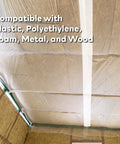 White Vapor Barrier Tape 9 Mil Thick, 3.78-Inch by 60-Yards applied on construction sheathing seal viewed from below