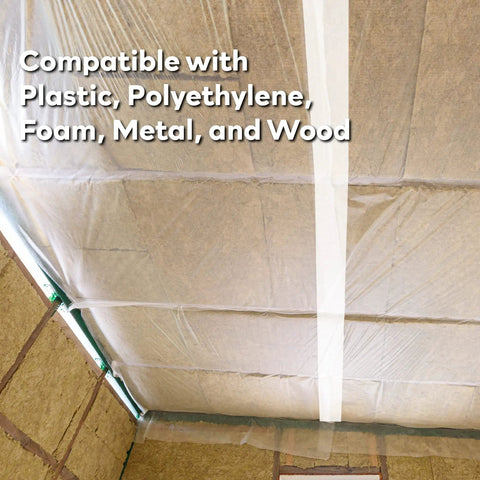 White Vapor Barrier Tape 9 Mil Thick, 3.78-Inch by 60-Yards applied on construction sheathing seal viewed from below
