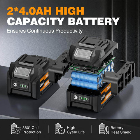 Go-To 20V Max Cordless Hammer Drill battery with 4.0Ah capacity and protective shield, designed for high cycle life and heat protection.