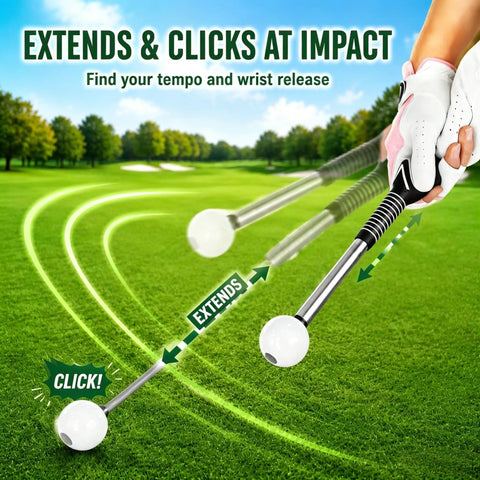 Pop Feedback Retractable Golf Swing Trainer With Click Timing Feedback And Tempo Stick for right-handed golfers in use