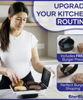Woman using StarBlue 2-in-1 Indoor Electric Grill And Press with burgers and buns, highlighting free burger press tool.
