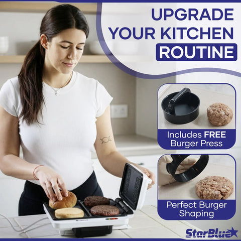 Woman using StarBlue 2-in-1 Indoor Electric Grill And Press with burgers and buns, highlighting free burger press tool.