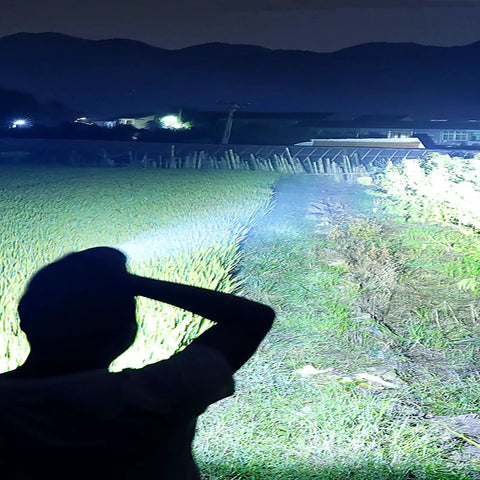 Person using Beast Mode 90000 Lumen Rechargeable Headlamp With Zoomable Beam IPX54 Hard Hat Light outdoors at night