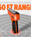 Top Shelf Non Lethal Kinetic Launcher Setup For Real Talk Home Defense And Street Smart Personal Protection With Sticky Honeycomb Grip Fast Aim Optics Orange Design Proudly Made In Usa on target with 60 ft range indicator.