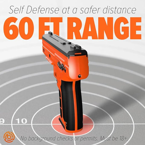 Top Shelf Non Lethal Kinetic Launcher Setup For Real Talk Home Defense And Street Smart Personal Protection With Sticky Honeycomb Grip Fast Aim Optics Orange Design Proudly Made In Usa on target with 60 ft range indicator.