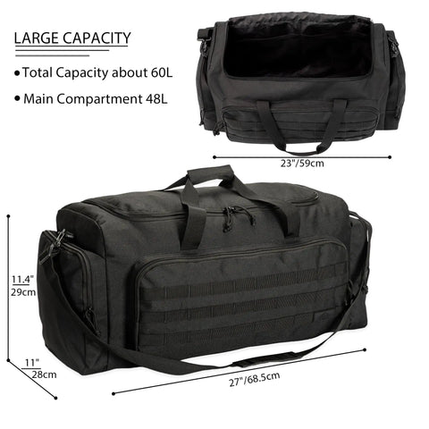 60L Heavy Duty Duffel Travel Bag With Waterproof 900D Exterior And Foldable Design, showing open and closed views with dimensions