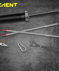 Two Pack Winding Bars For Garage Door Torsion Springs One Half Inch Diameter By Seventeen Point Five Inch Length Heat Treated Forty Five Steel With Knurled Non Slip Handle Handy Heavy Duty DIY Tool For Safe Tensioning And Unwinding displayed on concrete surface next to pliers and carabiner, highlighting tool use.