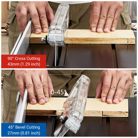 90° cross cutting and 45° bevel cutting using a Compact Jobsite Table Saw With An 8 Inch 24 Tooth Blade Driven By A 6.7 Amp Pure Copper Motor