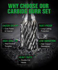 carbide burr set 10 piece showcasing razor-sharp, rust-proof, high-quality, heavy duty features for grinding and carving