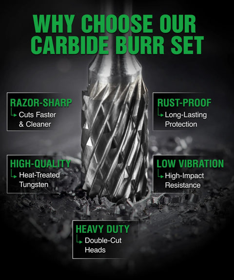 carbide burr set 10 piece showcasing razor-sharp, rust-proof, high-quality, heavy duty features for grinding and carving