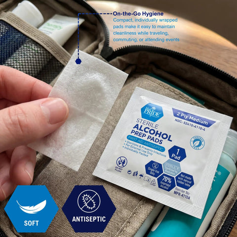 Alcohol Prep Pads 70 Percent Isopropyl, 2-Ply Sterile, Individually Wrapped, 200 Count Go-To First Aid Pack For Wound Cleaning, Skin Preparation, Injections, Medical Use in travel kit
