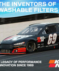 Race car with 'The Inventors of Washable Filters' text, K&N branding, showcasing durable filter performance and innovation.