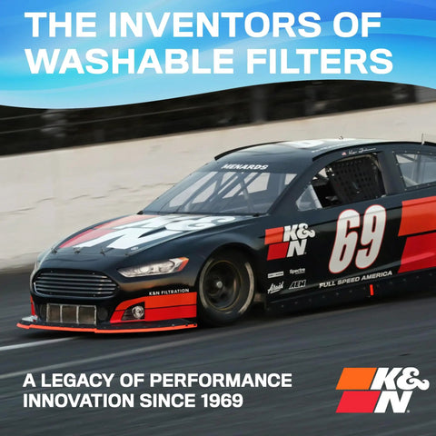 Race car with K&N branding, emphasizing innovation in washable filters since 1969.