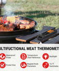 2-in-1 Infrared And Meat Probe Instant Read Thermometer For Cooking placed on a wooden surface near grill with food, showing LCD.