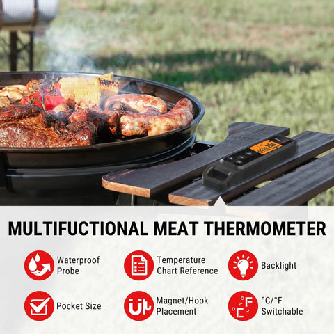 2-in-1 Infrared And Meat Probe Instant Read Thermometer For Cooking placed on a wooden surface near grill with food, showing LCD.