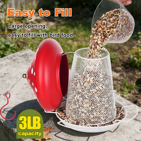 Heavy Duty Metal Mushroom Bird Feeder For Outdoor Hanging In The Garden Or Yard, Cute Red Bird Feeder That Attracts More Birds