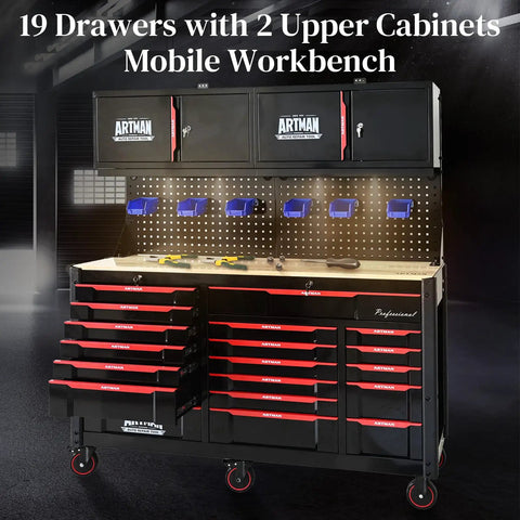 Massive 19 Drawer Rolling Tool Chest With Heavy Duty Wood Top Workbench On Wheels For Garage Shop Lab Includes Four Doors And Six Storage Bins Ultra Durable Mechanic Toolbox Cart For Easy Organization, front view