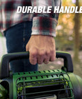 Person holding Indoor Safe Portable Propane Radiant Heater with durable handle, ideal for camping or emergency use.
