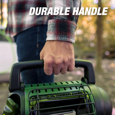 Person holding Indoor Safe Portable Propane Radiant Heater with durable handle, ideal for camping or emergency use.