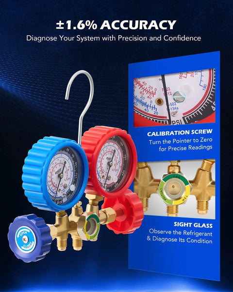 Orion Motor Tech AC manifold gauge set with blue and red gauges, 5 ft hoses and adapters