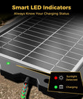 Close-up of 12V Solar Battery Charger Kit With 10W Waterproof Panel And Battery Maintainer Trickle Charger with LED indicators