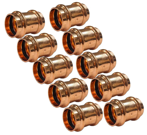 10 Pack Half Inch Copper Press Couplings With Stop For Pro Press Systems, Lead Free LF Copper Fittings, Type M L K Tubing