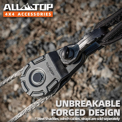 Forged Snatch Block 18 Ton Extreme Recovery Winch Pulley For Synthetic Rope Or Steel Cable Beefy Fully Forged Steel Construction With 79,300 Lbs Break Strength And 12 Stage E Coated Finish, close-up with rope