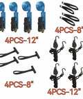 Heavy Duty Ratchet Tie Downs 4 Pack 12 Ft Each 1000 Lb Break Strength for securing canoes, kayaks, paddleboards, and gear