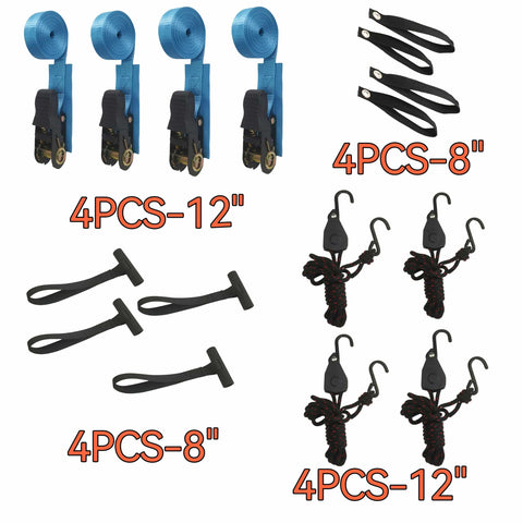 Heavy Duty Ratchet Tie Downs 4 Pack 12 Ft Each 1000 Lb Break Strength for securing canoes, kayaks, paddleboards, and gear