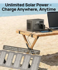 Portable Power Station With 700W Surge, 288Wh LiFePO4 Battery Backup on beach table with solar panel