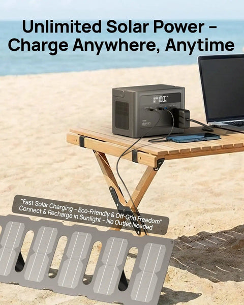 Portable Power Station With 700W Surge, 288Wh LiFePO4 Battery Backup on beach table with solar panel
