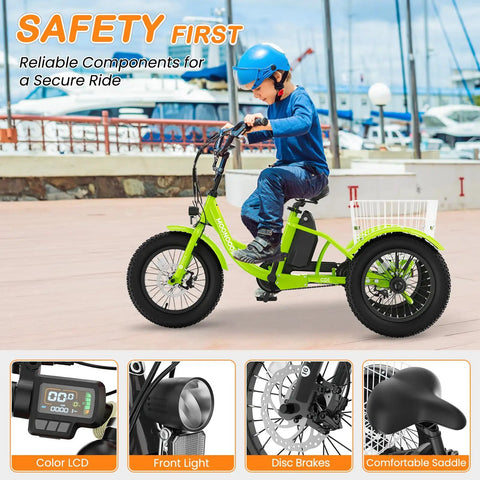 Kid Friendly 16 Inch Three Wheel Electric Tricycle For Beginners Youth Ebike With Fat 16 By 3 Inch Tires Disc Brakes Easy Start Stable Smooth Ride Up To 12 MPH Perfect For Neighborhood Rides And Park Fun, child riding