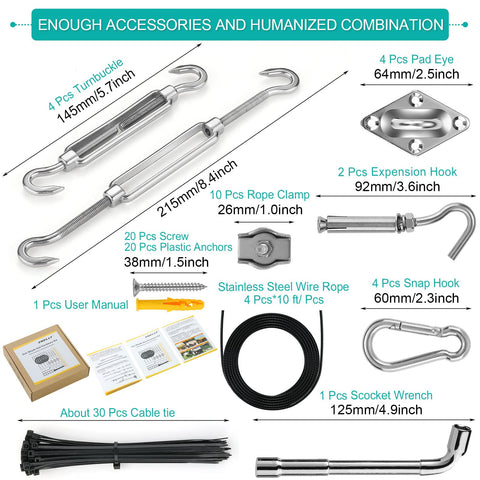 Image of Sun Shade Sail Hardware Kit With 4 Pack 10ft Extension Nylon Wire Rope And 304 Stainless Steel Fittings, including turnbuckles and hooks displayed.