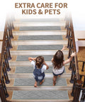 Non Slip Stair Treads Peel And Stick 8x30 Inches 15 Pack Indoor Stair Runner Mats For Wood Steps Grey Anti Slip Rug For Elders Kids And Pets Easy Install With Strong TPE Backing installed on wooden stairs with children walking down safely.