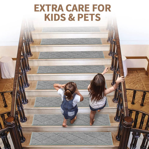 Non Slip Stair Treads Peel And Stick 8x30 Inches 15 Pack Indoor Stair Runner Mats For Wood Steps Grey Anti Slip Rug For Elders Kids And Pets Easy Install With Strong TPE Backing installed on wooden stairs with children walking down safely.