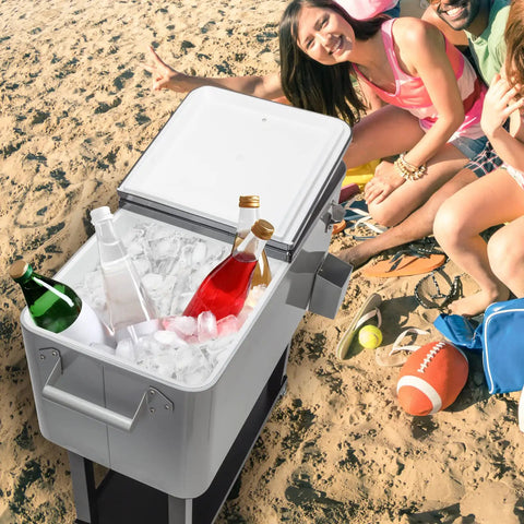 80 Quart Rolling Cooler Cart For Outdoor Parties, Ice Chest Beverage Bar Stand Up Trolley With Locking Wheels, open on beach
