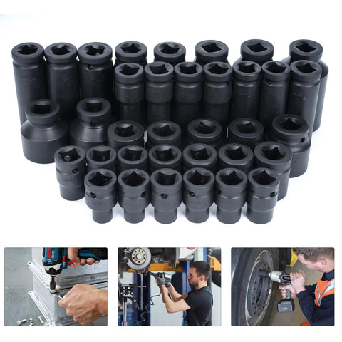 35-Piece 1/2 Inch Drive Deep Impact Socket Set With 6-Point Sockets, Heavy Duty Spindle And Axle Nut Kit, Deep Length 38mm And 78mm, Garage Ready For Car Auto Truck Repairs