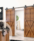 Installed Black Rustic Non Bypass Sliding Barn Door Hardware Kit for two doors, 15-foot flat track, diamond design rollers, carbon steel.