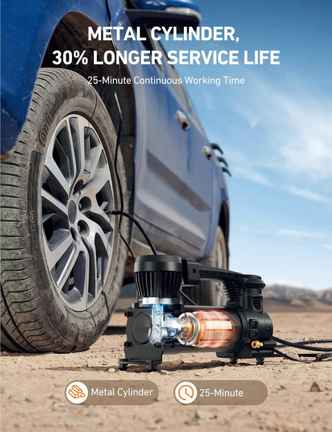 Heavy Duty 12V Air Compressor Portable Tire Pump dropping a solid 120 Psi blast next to a truck tire on dirt.