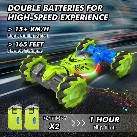 Gesture RC Car 2.4GHz 4WD Hand Control And Gesture Sensing Stunt Car For Kids 6 12 Years Old showing speed on a racetrack.