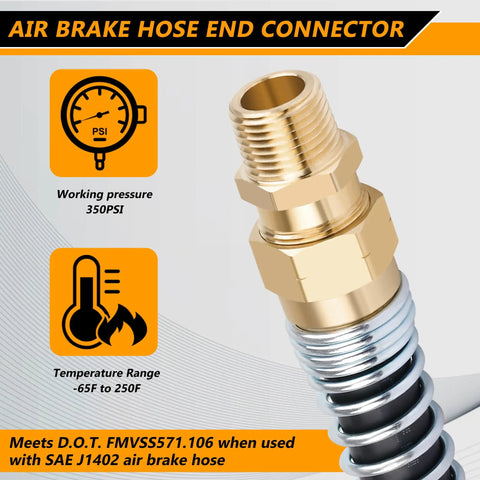 Air Brake Fittings Kit Beefed-Up Brass DOT 3/8 Inch Hose To 3/8 Inch Male End Connector With Spring Guard, brass material