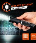 Hand holding Beast 600 Lumen Tactical Flashlight With 90 Degree Angled Head IP65 Waterproof LED Mini Light in front of goal net