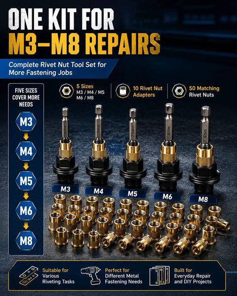 Heavy-Duty Auto Rivet Nut Tool Kit M3-M8 With Interchangeable Heads And Adapters In Carbon Steel For Quick Pro-Grade Fastening On Cars And DIY Projects, M3-M8 set