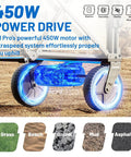 Heavy-Duty Electric Wagon Cart With 450W Motor All-Terrain Wheels 200L Capacity And 300Lb Load For Camping Beach Garden And Shopping Variable Speed Control For No Sweat Hauling And Smooth Pushing showing blue powered drive system.