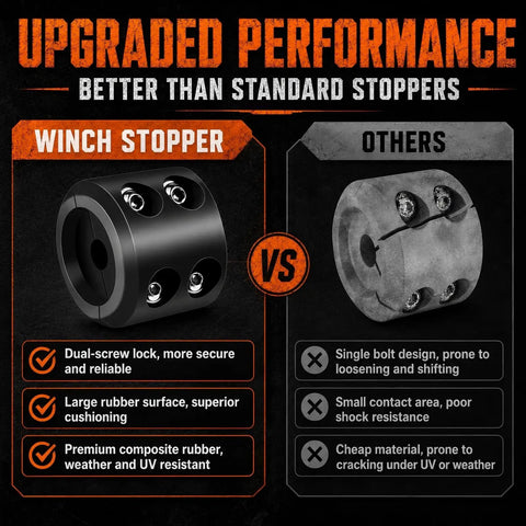 Comparison of black rubber winch stopper for ATV UTV and truck versus standard stopper highlighting durability and security features