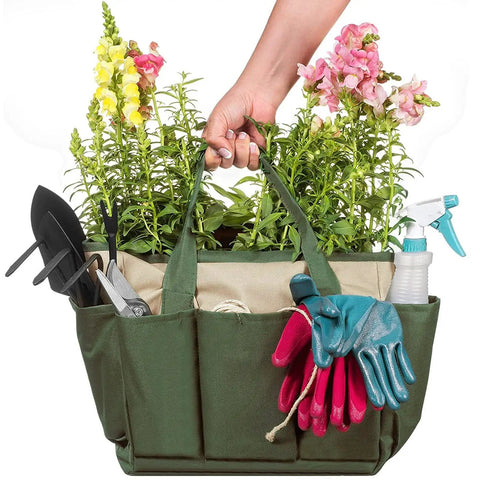 Heavy Duty Canvas Garden Tool Bag With Eight Pockets Large Tote Organizer For Tools And Gear Built For Indoor Outdoor Gardening And Yard Work Great For Home Gardeners And Pro Handymen On The Go holding tools and flowers