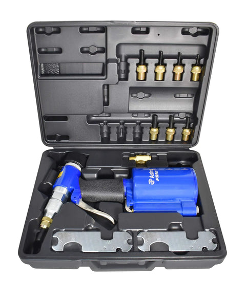 Three Eighths Inch Capacity Pneumatic Rivet Nut Setting Kit With M4 M5 M6 M8 M10 And One Quarter Inch, Five Sixteenths Inch, Three Eighths Inch Mandrels in case